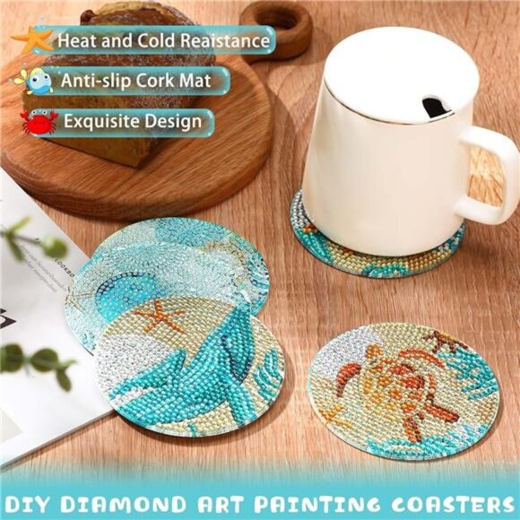 Ocean Diamond Art Painting Coaster Kit, 8Pcs DIY Crafts Kit with HolderNon Slip - Picture 6 of 7